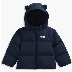 NWT North Face Baby Down Fleece Lined Jacket SZ 6-12mo Summit Navy Bear Hood